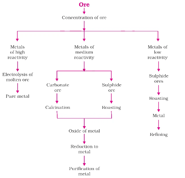 Steps involved in the extraction of metals from ores.