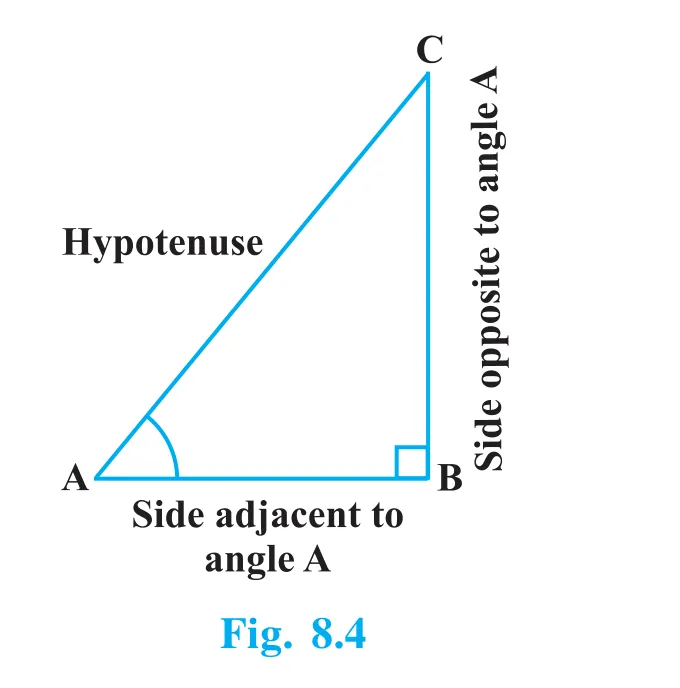 Right triangle ABC (right-angled at B): AC is the hypotenuse, BC the side opposite to angle A, AB the side adjacent to angle A - the labels the six ratios are built on.