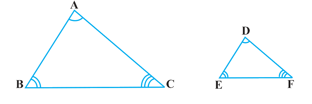 Similar triangles: △ABC ~ △DEF - equal corresponding angles (matching arc marks), proportional corresponding sides.