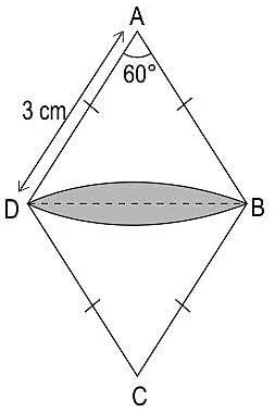 Rhombus ABCD with side 3 cm and angle A marked 60 degrees; arcs from A and C meet at D and B with the lens between them shaded; BD dashed