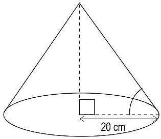 Right circular cone with its height dashed to the centre of the base; base radius 20 cm; right angle at the centre; angle between slant height and base radius marked